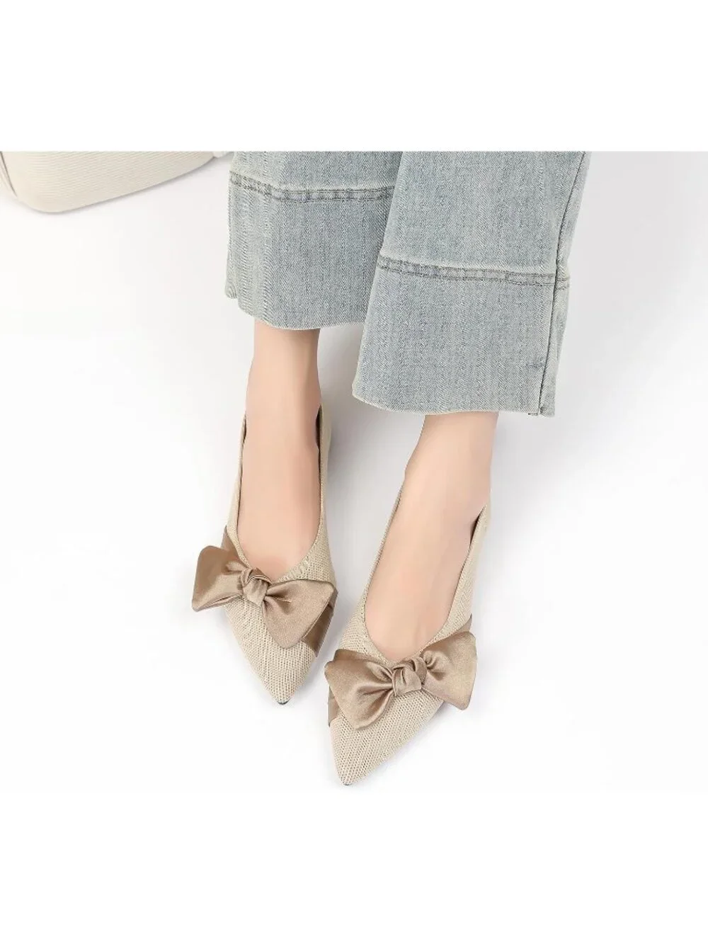 Women's Beige Mesh Pointed Toe Ballet Slip On Comfortable  Flats with Bow Shoes